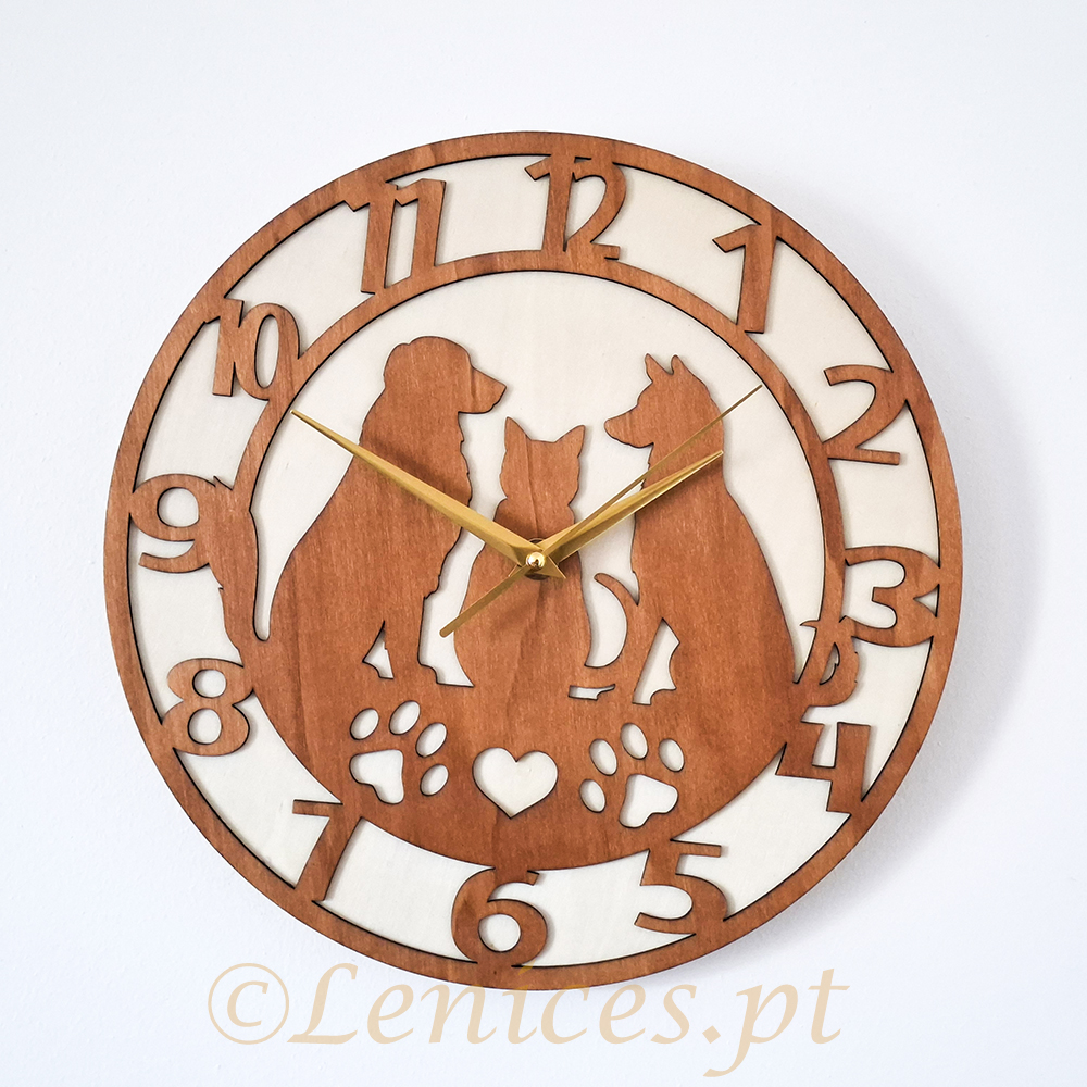 CAES&GATO Relógio em madeira Cães e Gato, corte a laser madeira, animais